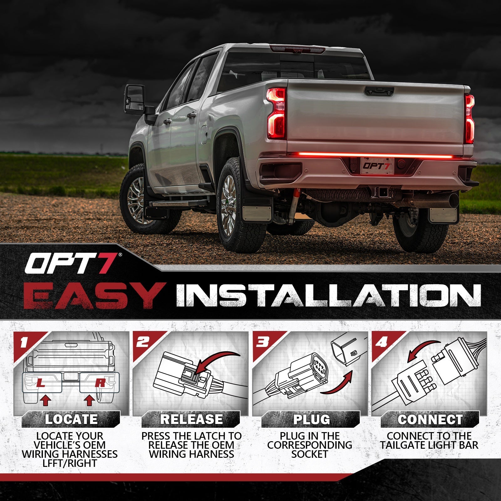 OPT7 Redline Parlux Triple Tailgate Light Bar 60" Bundle for Chevy Silverado-GMC Sierra 1500 19-21 Connect Harness