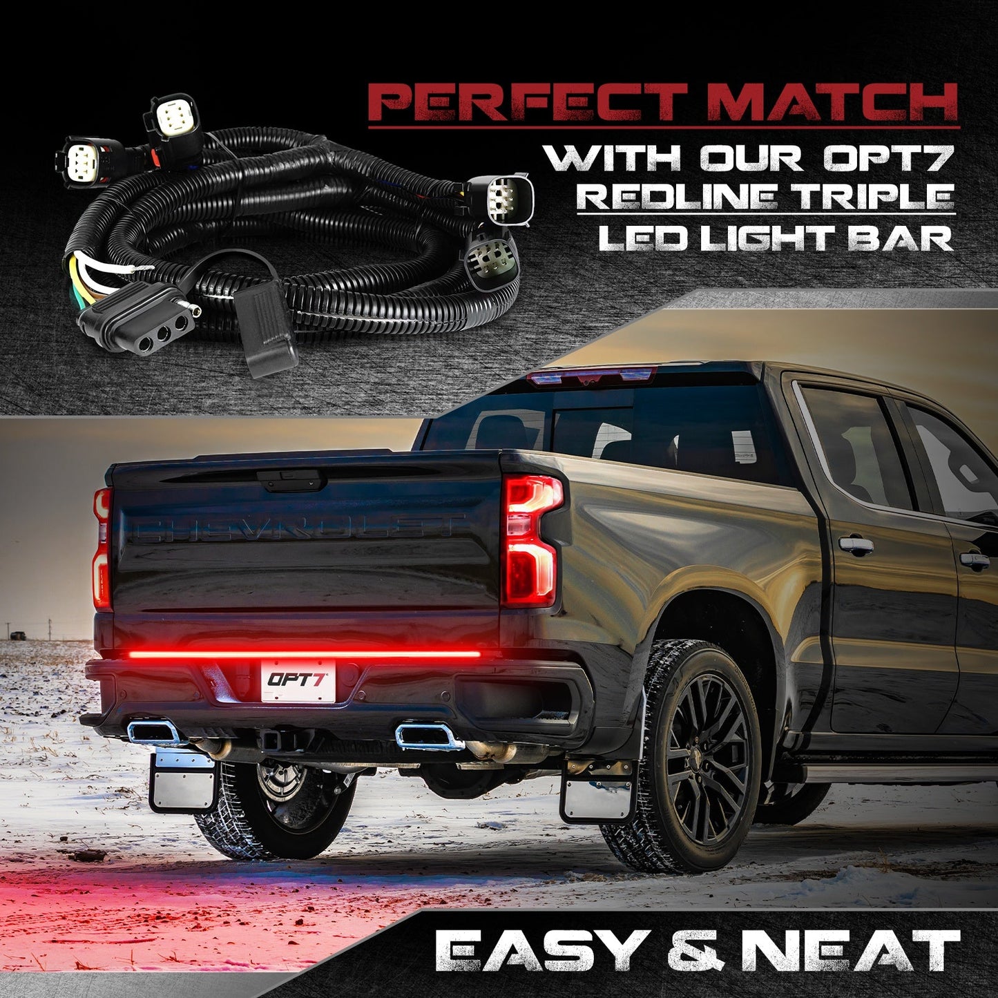 OPT7 Redline Parlux Triple Tailgate Light Bar 60" Bundle for Chevy Silverado-GMC Sierra 1500 19-21 Connect Harness