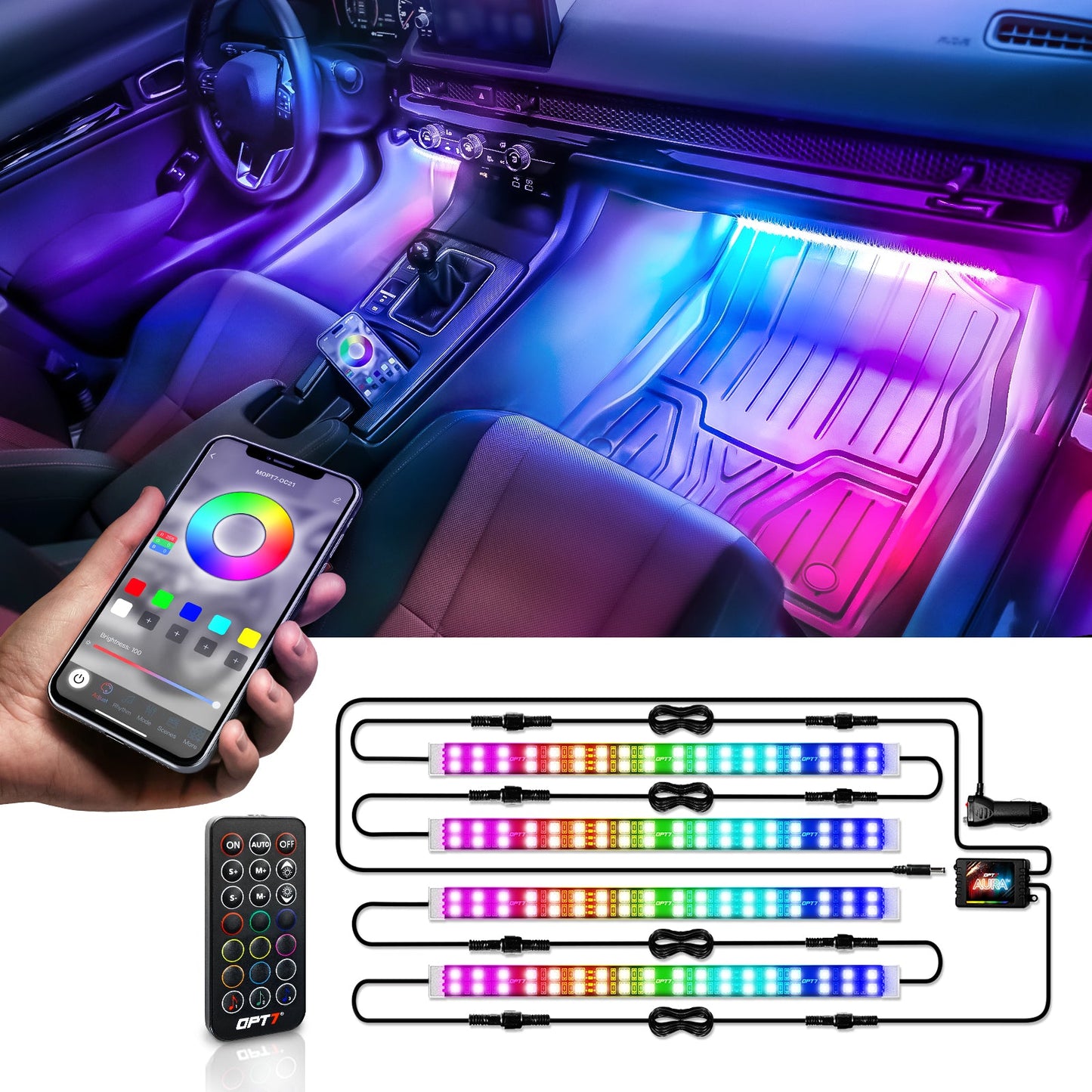 AURA DreamColor Double Row LED Interior Ambient Lighting Kit (4 x 12 Inch or 6 x 12-Inch) - Bluetooth APP and Remote Enabled Full Color Spectrum