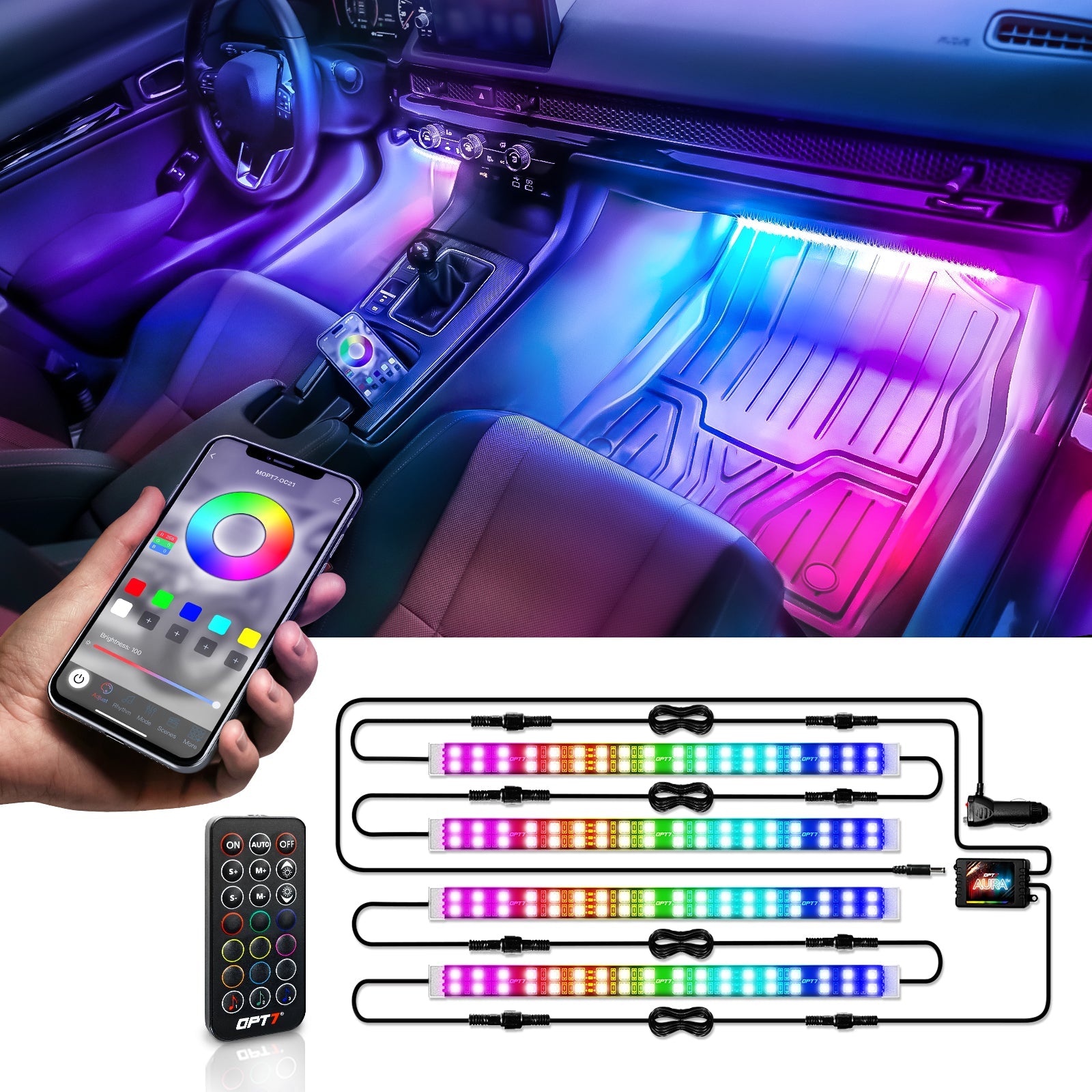 AURA DreamColor Double Row LED Interior Ambient Lighting Kit (4 x 12 Inch or 6 x 12-Inch) - Bluetooth APP and Remote Enabled Full Color Spectrum