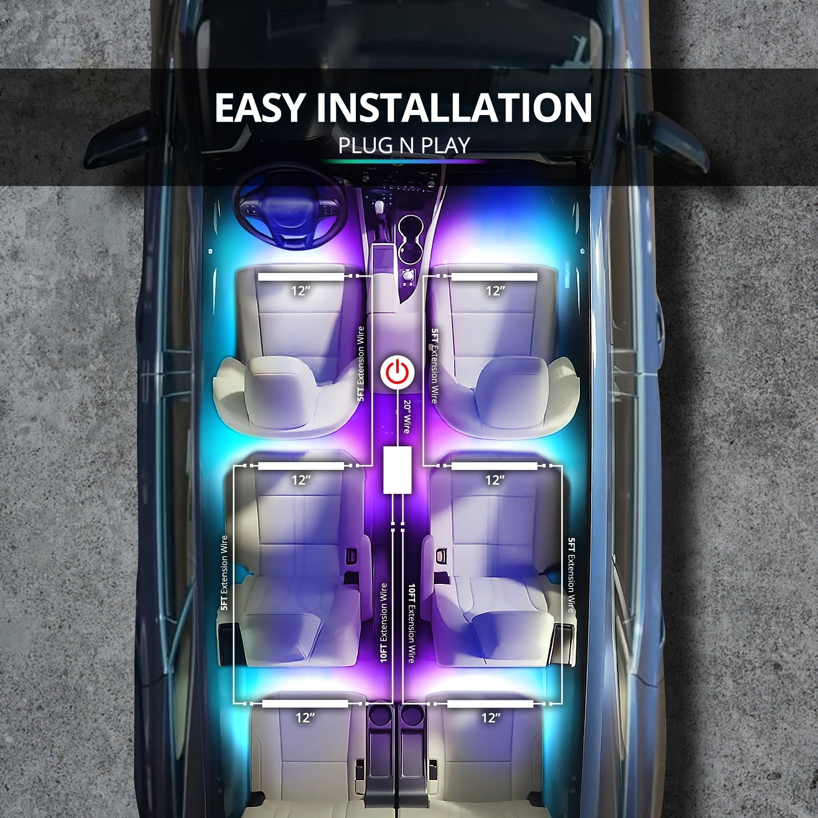 AURA DreamColor LED Interior Ambient Lighting Kit (4 x 12 Inch or 6 x 12-Inch) - Bluetooth APP and Remote Enabled Full Color Spectrum