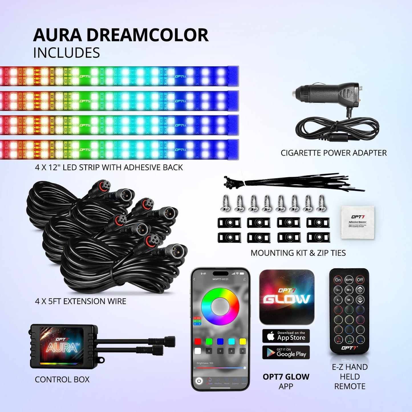 AURA DreamColor Double Row LED Interior Ambient Lighting Kit (4 x 12 Inch or 6 x 12-Inch) - Bluetooth APP and Remote Enabled Full Color Spectrum