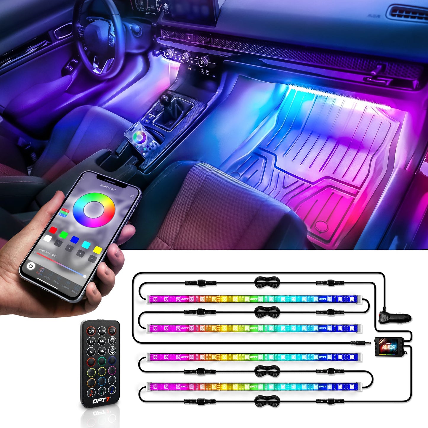 AURA DreamColor LED Interior Ambient Lighting Kit (4 x 12 Inch or 6 x 12-Inch) - Bluetooth APP and Remote Enabled Full Color Spectrum