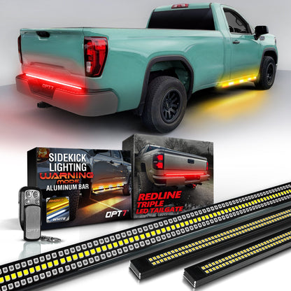 OPT7 Redline Triple Tailgate Light Bar 60" Bundle with Sidekick Running Board Light LED Strip Kit with Warning Mode
