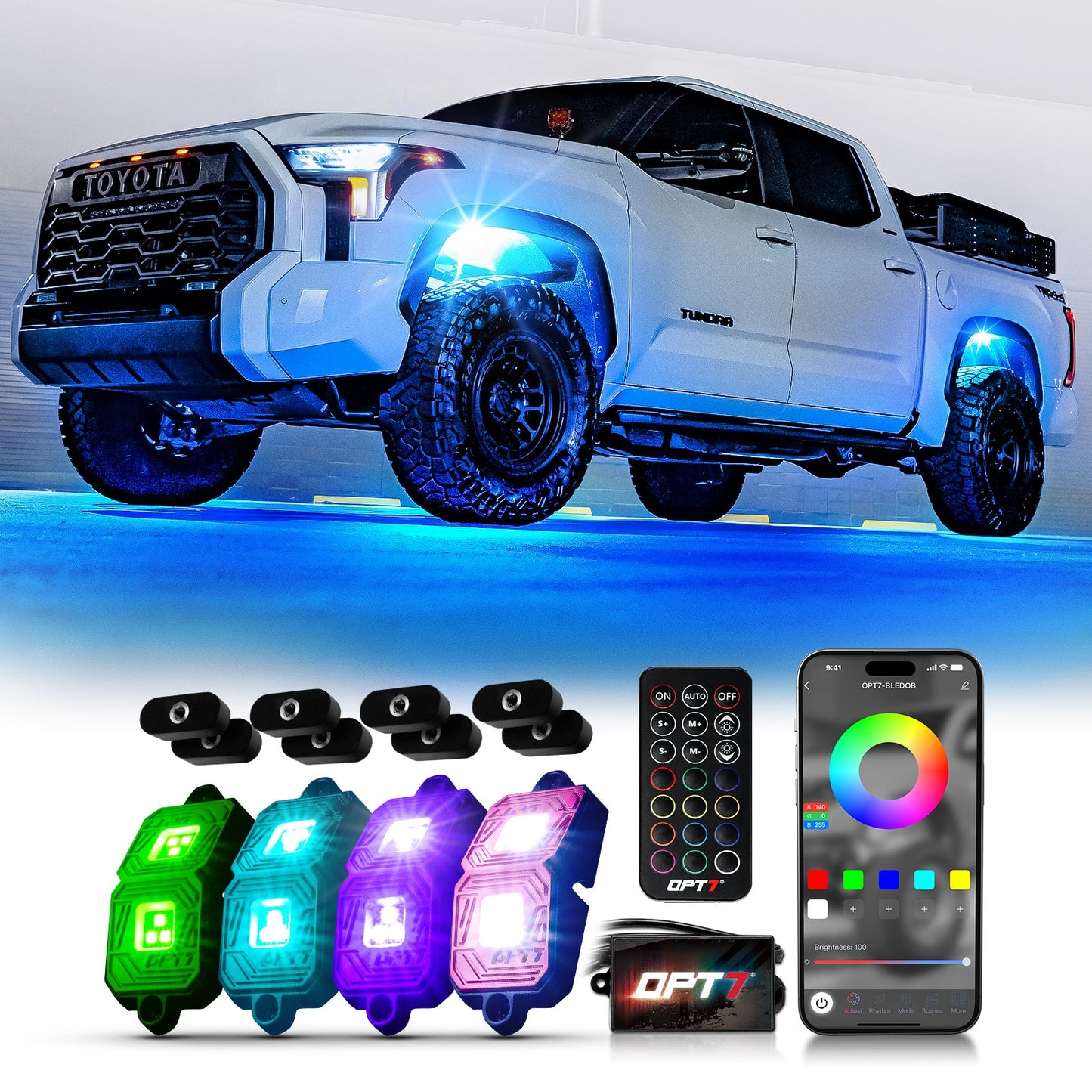 OPT7 Photon RGB 4PCS LED Rock Light w-Magnet Wide Angle Underglow Neon Lighting Kit