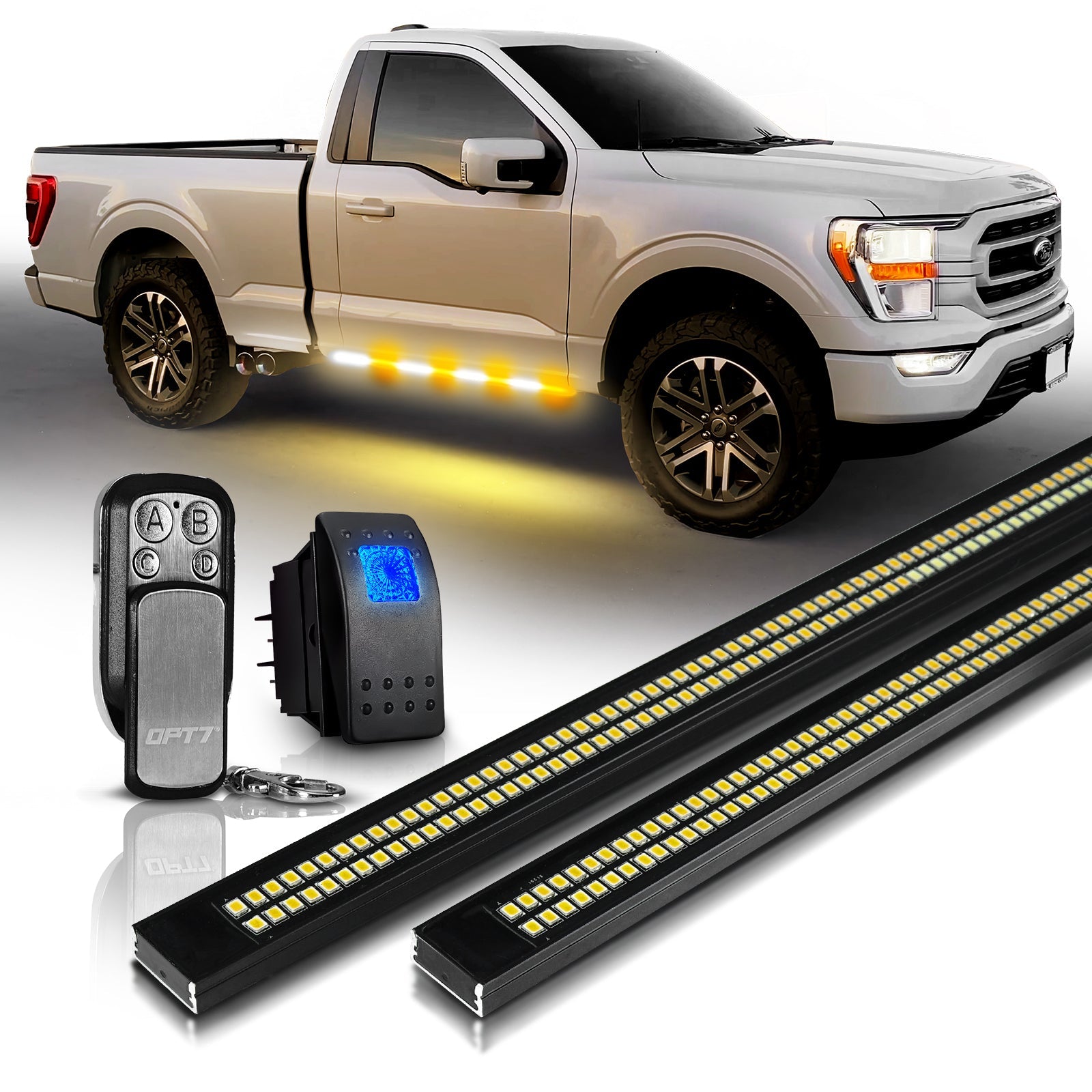 OPT7 Redline Parlux Triple Tailgate Light Bar 60" Bundle with Sidekick Running Board Light LED Strip Kit with Warning Mode