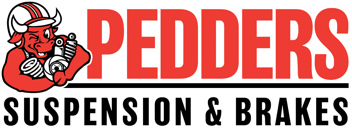 Pedders logo with a red devil character holding a suspension part, featuring the text 'PEDDERS SUSPENSION & BRAKES'.