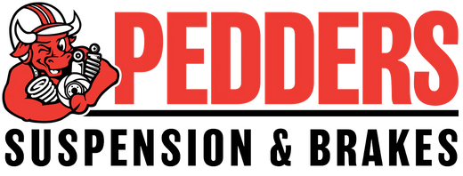 Pedders logo with a red devil character holding a suspension part, featuring the text 'PEDDERS SUSPENSION & BRAKES'.