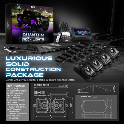 AURA Quantum 4pc LED Rock Lights - RGBW Multicolor w- Handheld Remotes