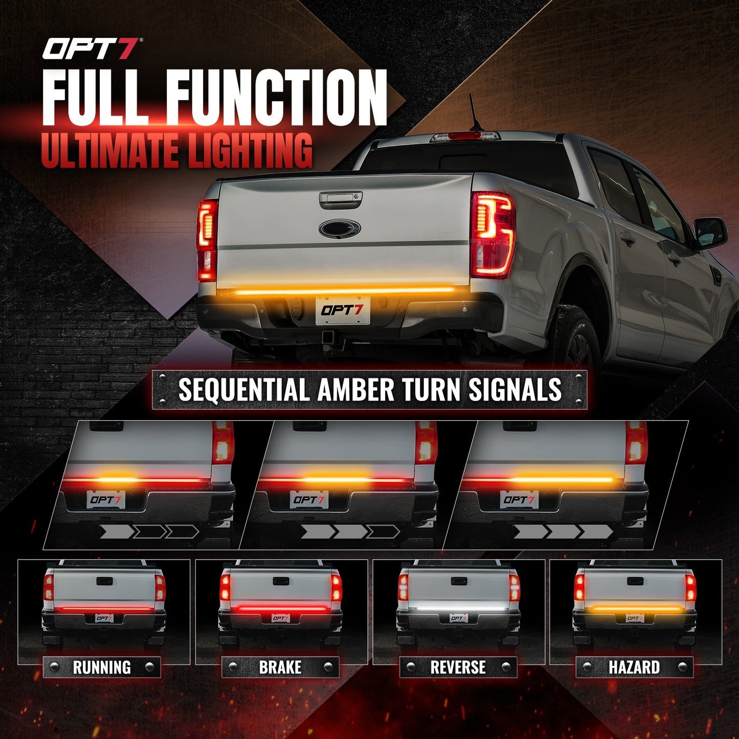 OPT7 Redline Parlux Triple Tailgate Light Bar 60" Bundle for Ford F150 15-20 with Blind Spot Easy Connect Harness