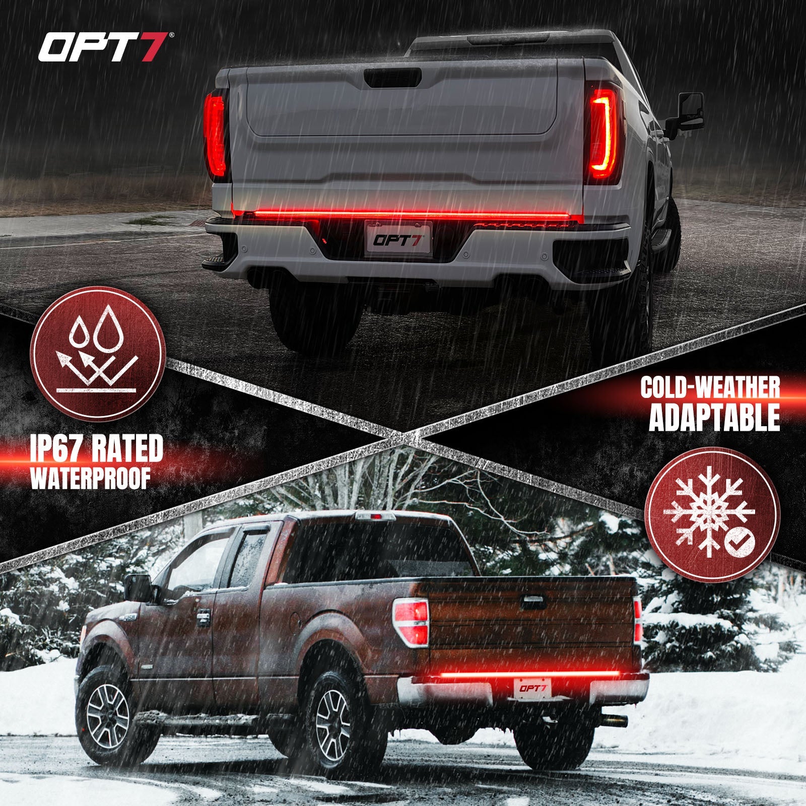 OPT7 Redline Parlux Triple Tailgate Light Bar 60" Bundle for Ford F150 15-20 with Blind Spot Easy Connect Harness