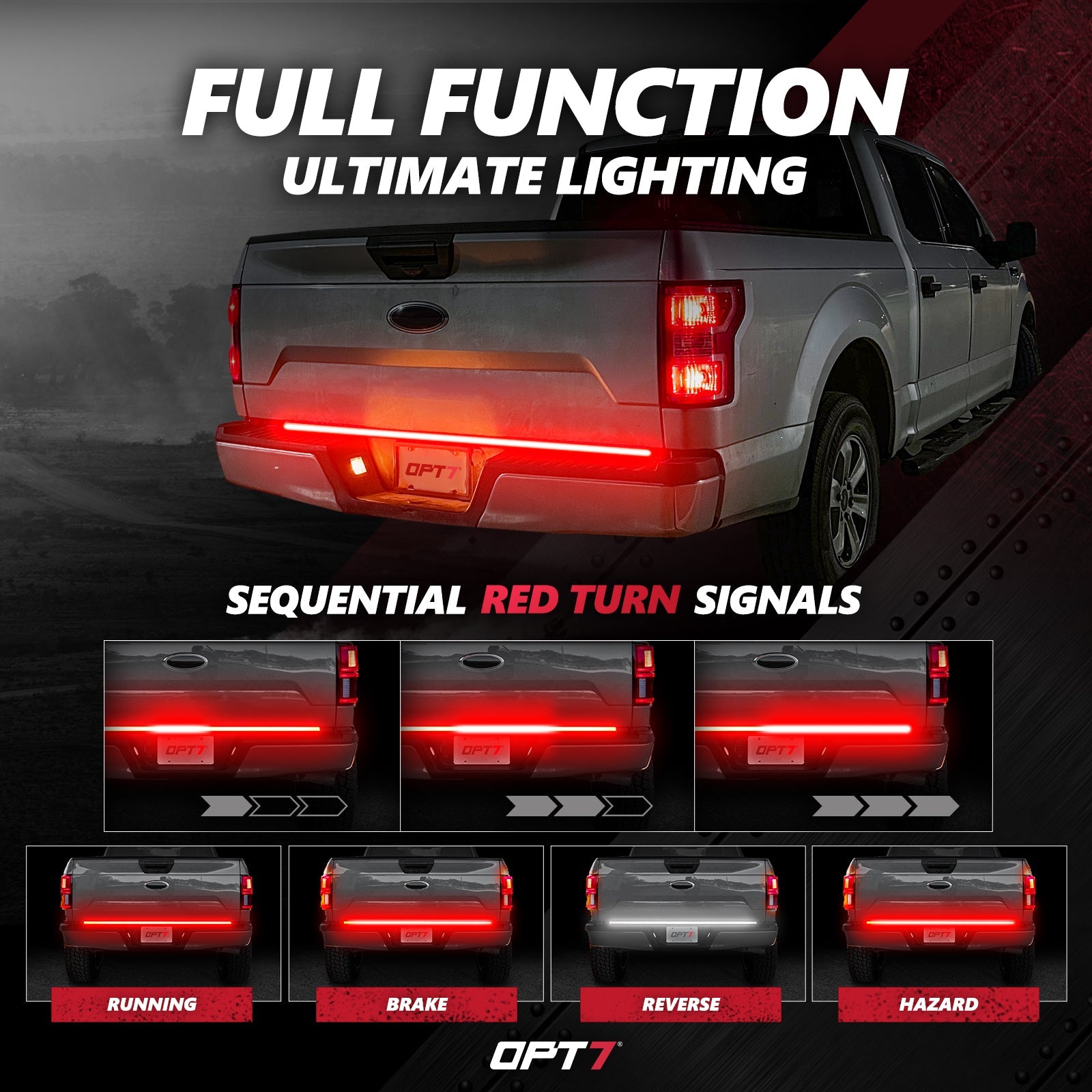 OPT7 Redline Triple Tailgate Light Bar 60" Bundle for Ford F150 15-20 with Blind Spot Easy Connect Harness