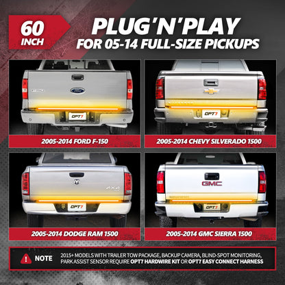 OPT7 Redline Triple Tailgate Light Bar 60" Bundle for Ford F150 15-20 with Blind Spot Easy Connect Harness