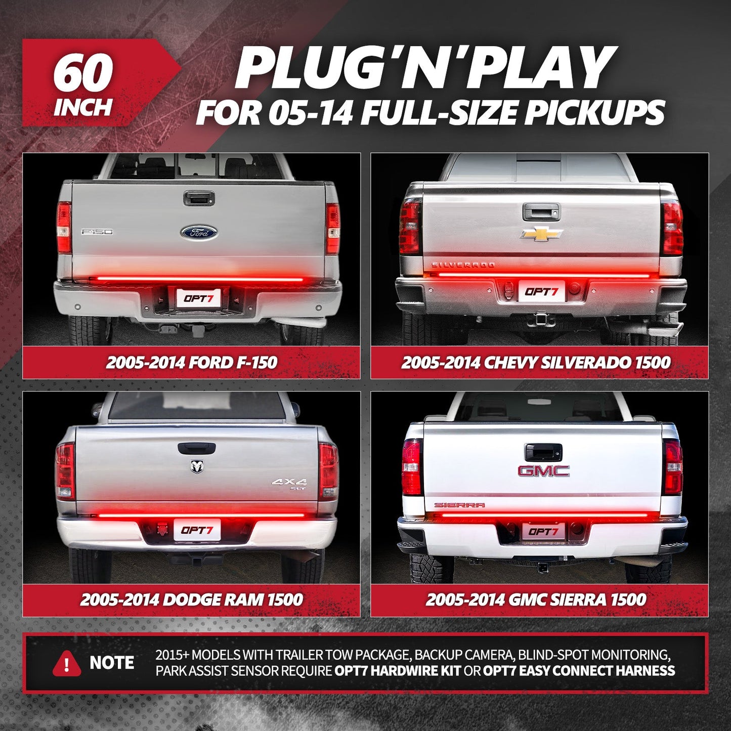 OPT7 Redline Triple Tailgate Light Bar 60" Bundle for Ford F150 15-18 Easy Connect Harness