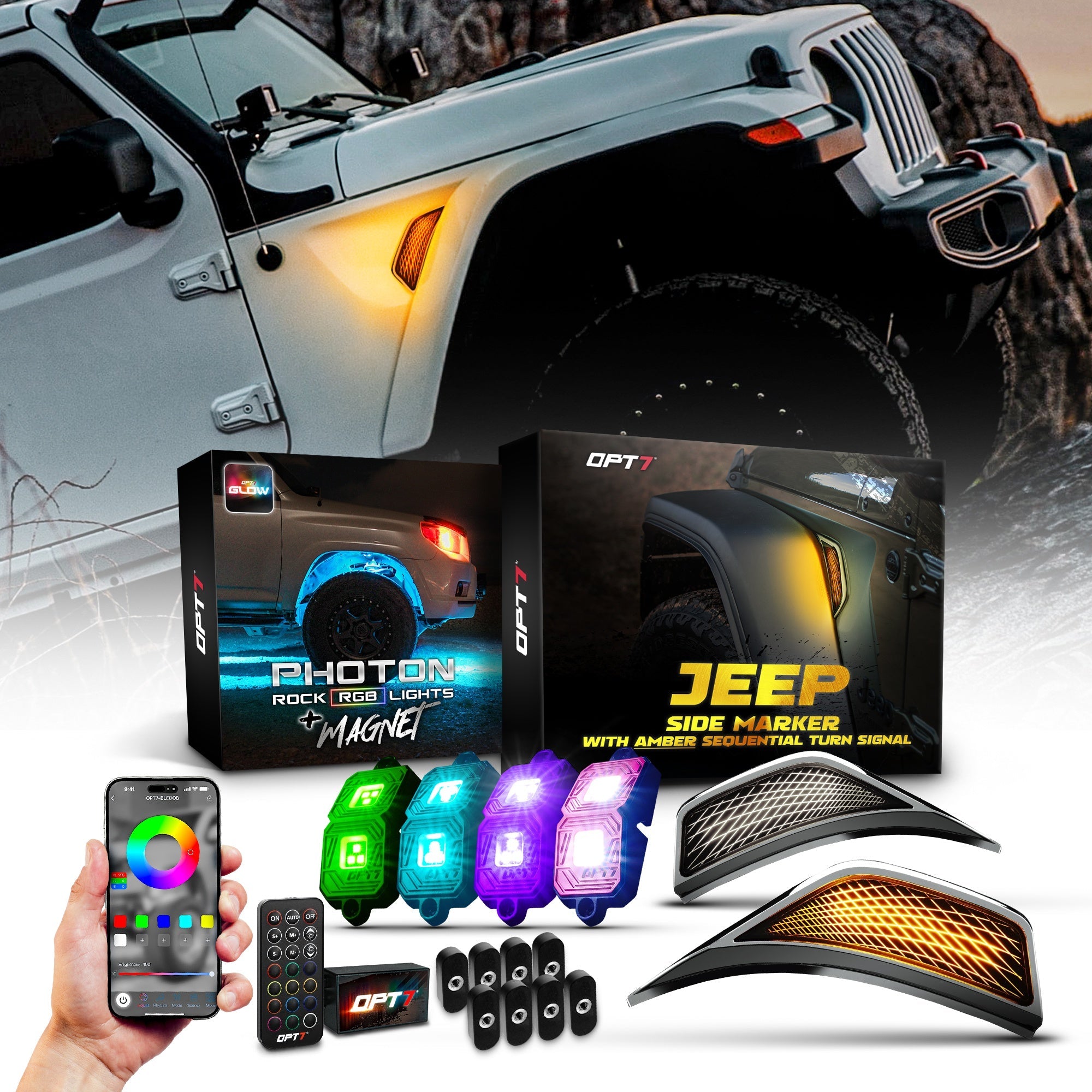 OPT7 Photon Rock Lights & LED Side Marker (White-Amber) for Jeep Wrangler JL JLU & Gladiator JT 18-23