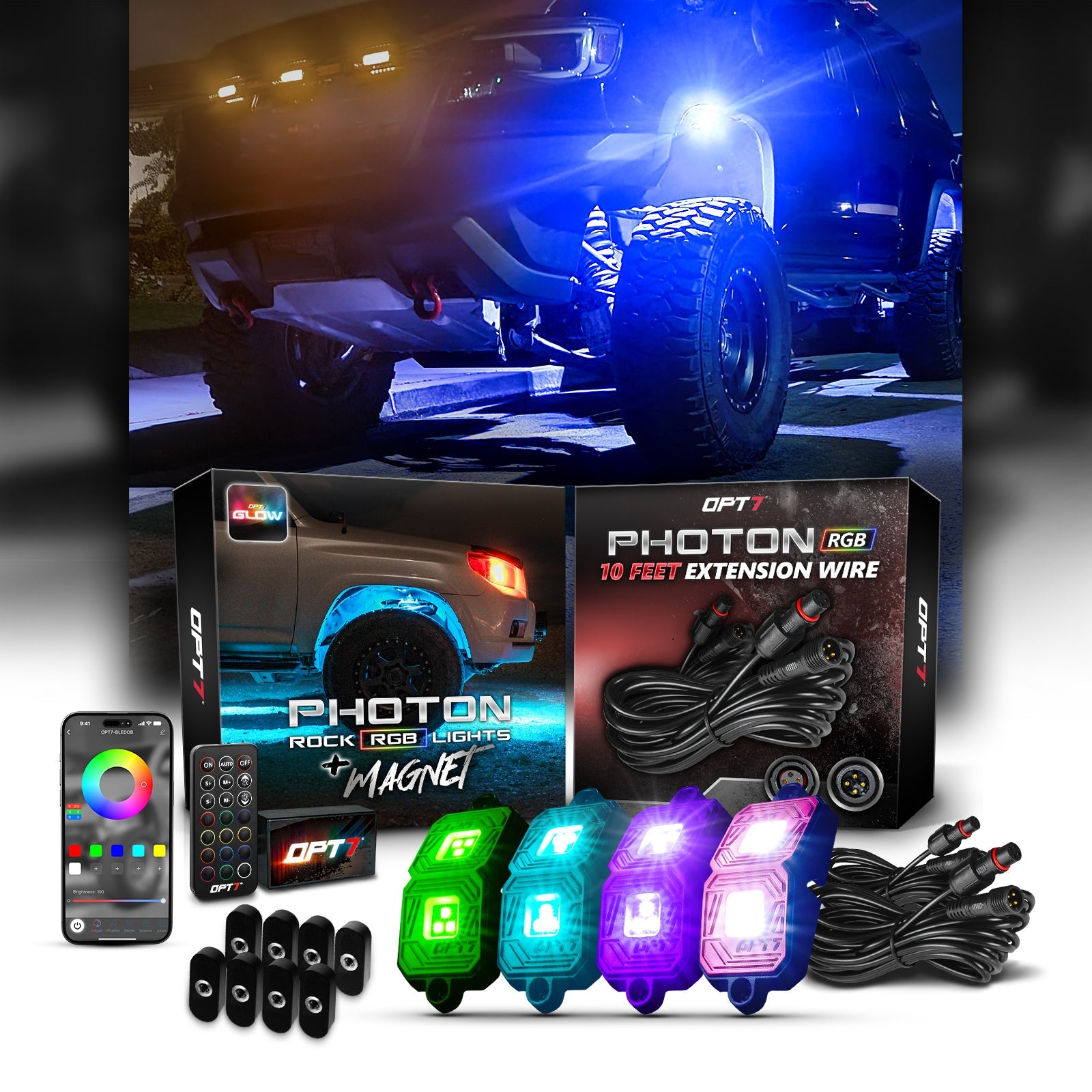 OPT7 Photon RGB 4 Pods Magnet Rock Lights + 2pc 10ft Extension Wires