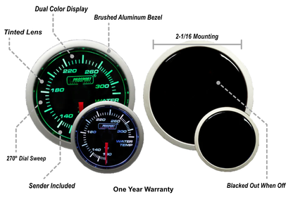 2-1/16" Green/White Water Temperature Gauge
