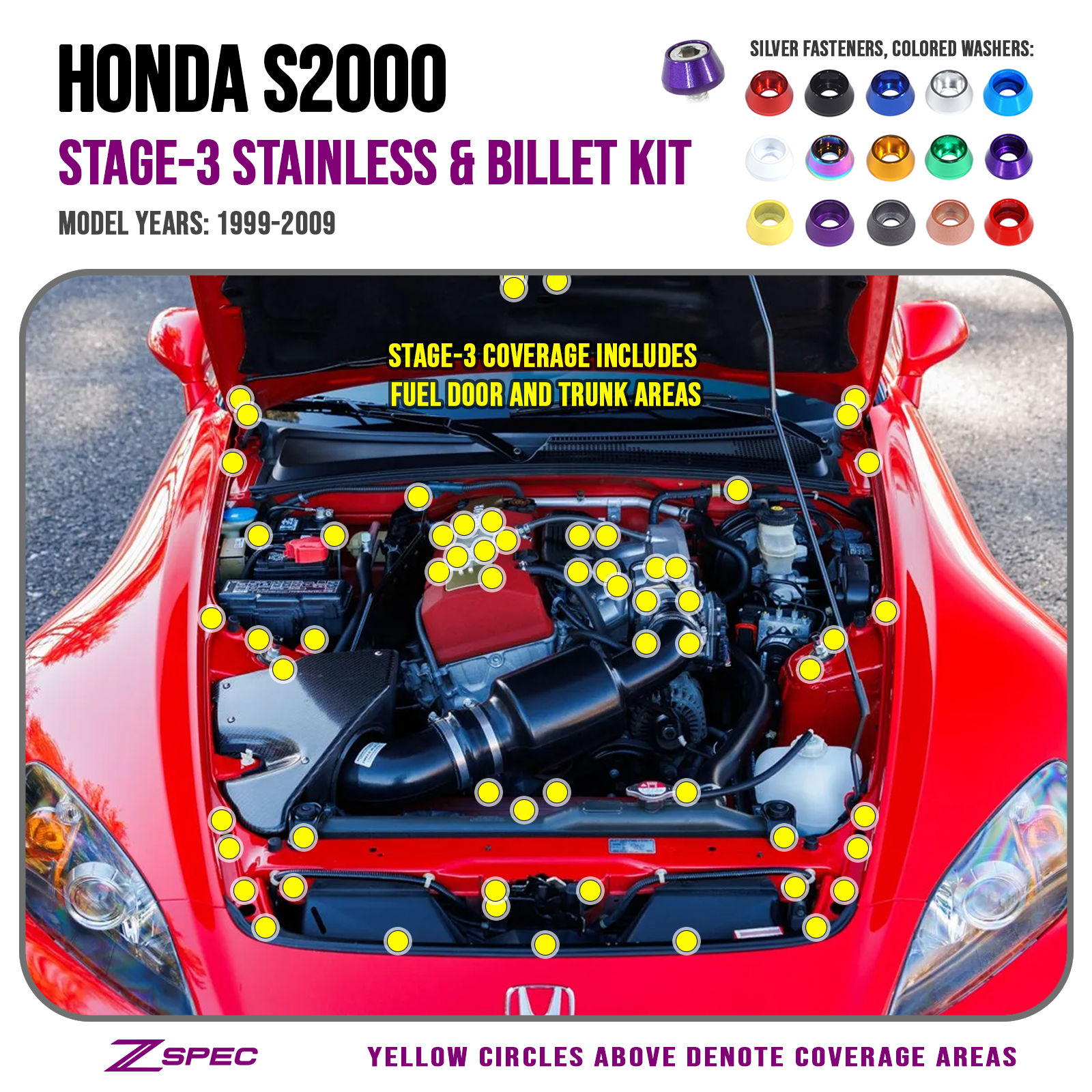 ZSPEC Stage-3 Dress Up Bolts® Fastener Kit for '99-09 Honda S2000, Stainless & Billet