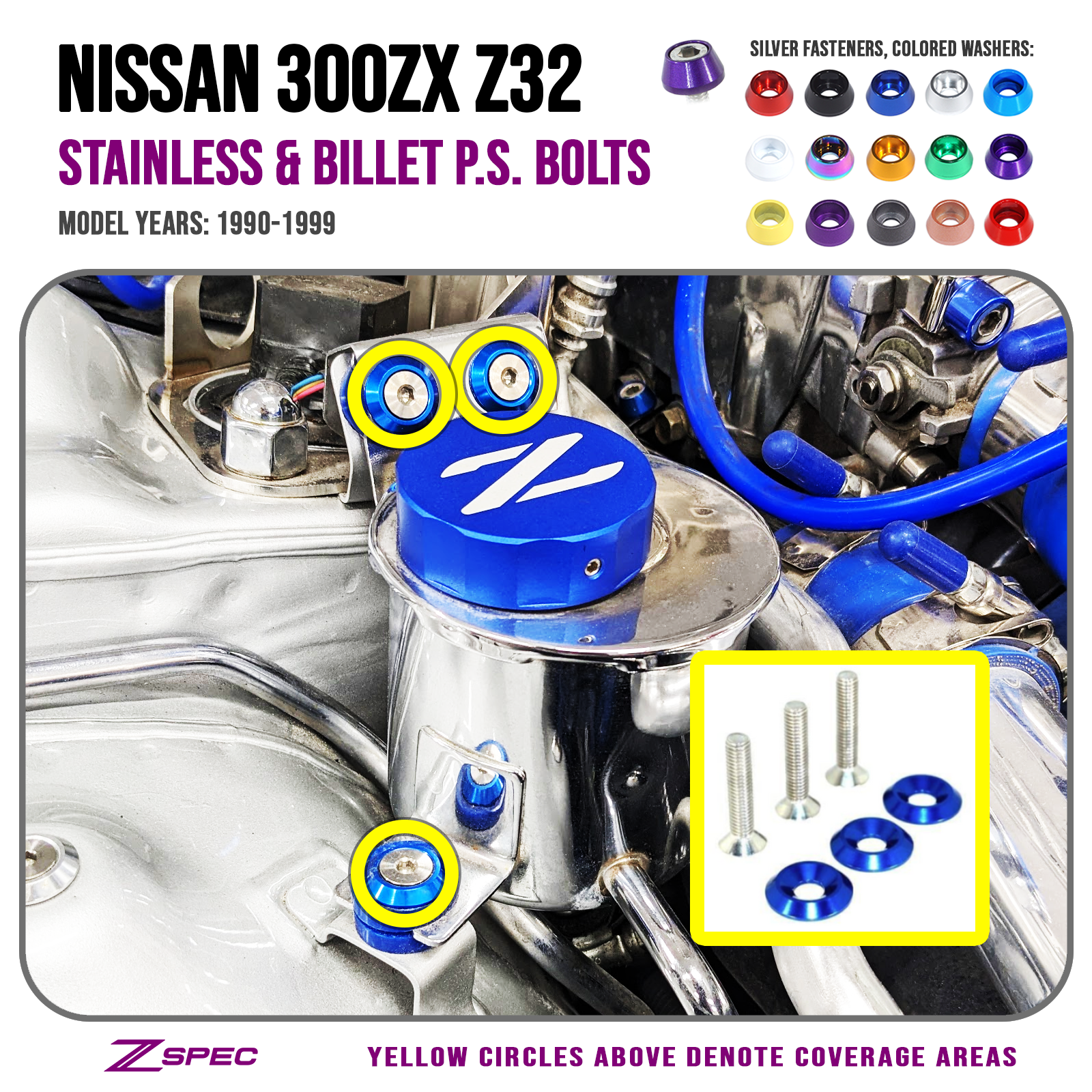 ZSPEC Power Steering Reservoir Fasteners for '90-96 Nissan 300zx Z32, Stainless & Billet