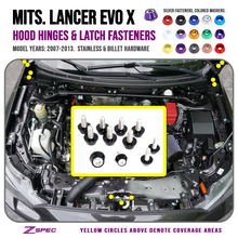 ZSPEC Hood Hinges & Latch Fastener Kit for 07-13 Mitsu Lancer EVO 10, Stainless & Billet