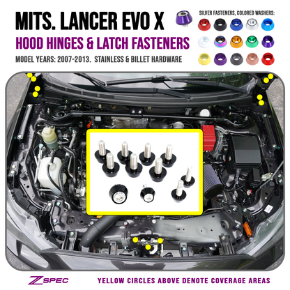 ZSPEC Hood Hinges & Latch Fastener Kit for 07-13 Mitsu Lancer EVO 10, Stainless & Billet