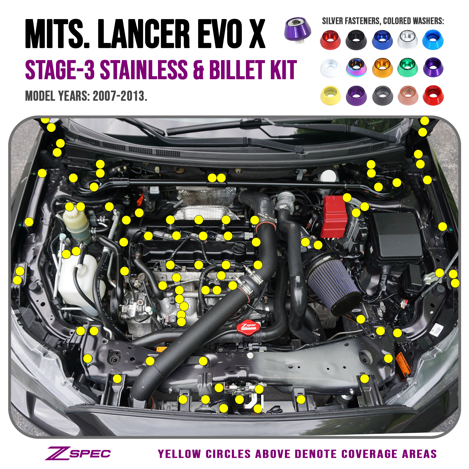 ZSPEC Stage-3 Dress Up Bolts® Fastener Kit for Mitsubishi Lancer EVO X 10, Stainless & Billet