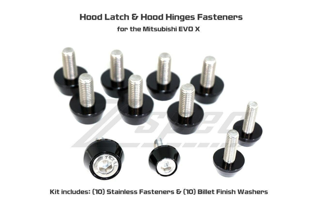 ZSPEC Hood Hinges & Latch Fastener Kit for 07-13 Mitsu Lancer EVO 10, Stainless & Billet