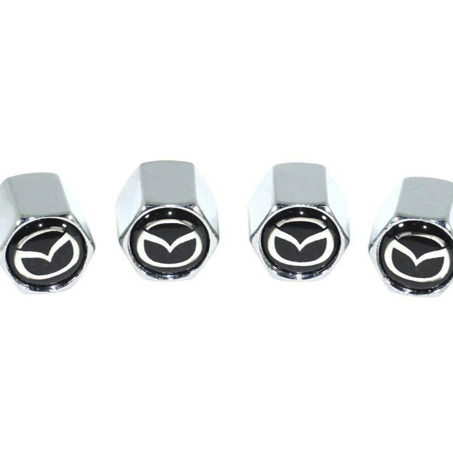 Chrome Valve Stem Tire Caps, Style: MAZDA on Black Background