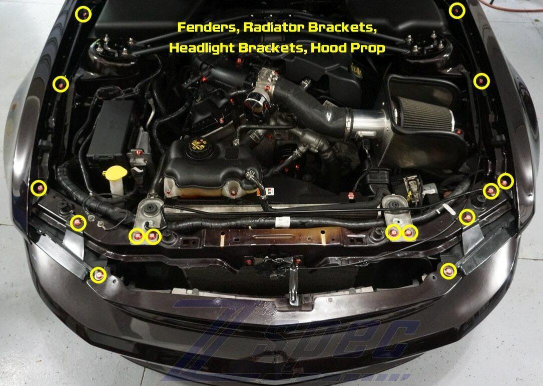 ZSPEC Fenders-Rad-Brackets-Hood-Prop-Headlights Fasteners for '05-14 S197 Ford Mustang, Stainless & Billet