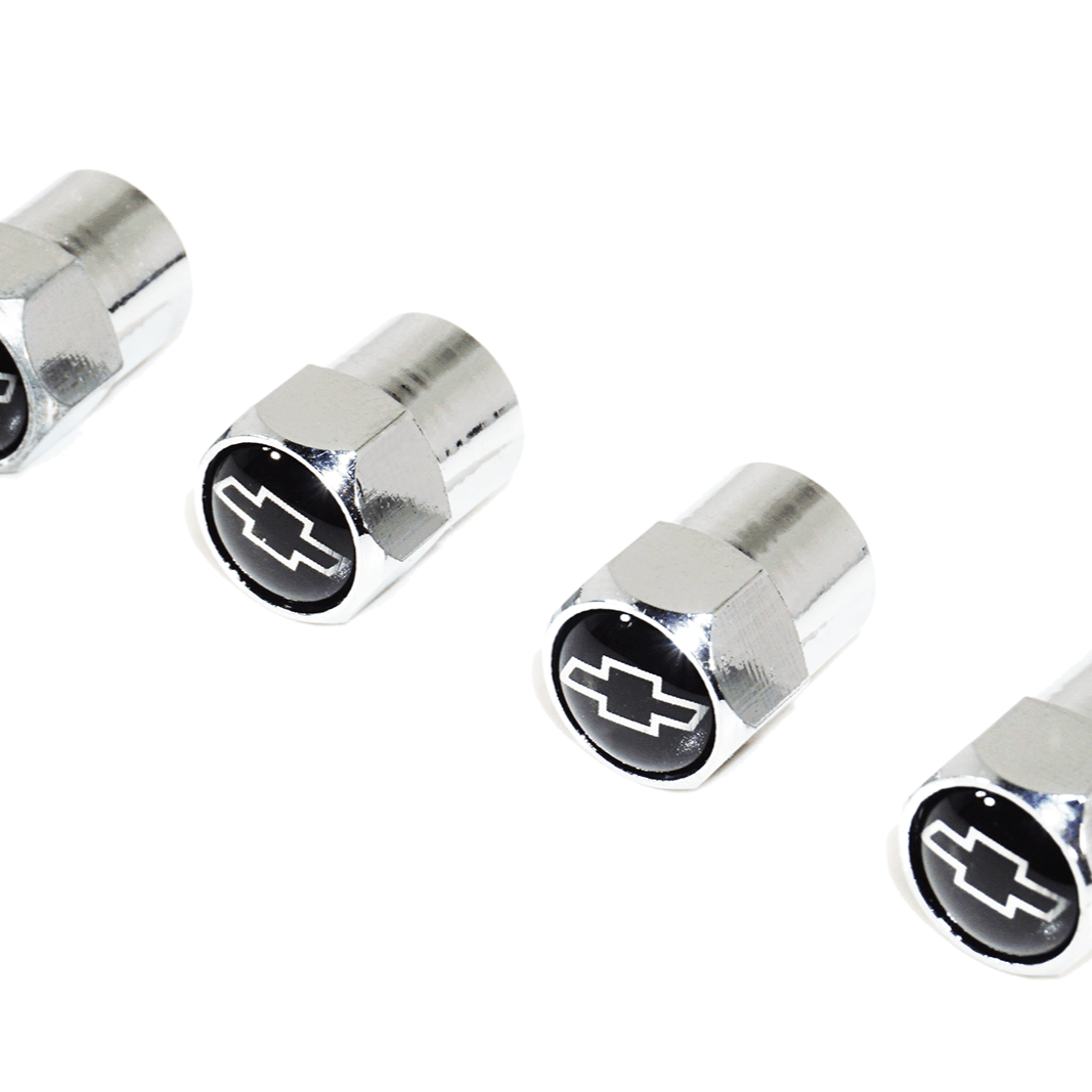Chrome Valve Stem Tire Caps, Style: Chevy, Black & Chrome Bow-Tie