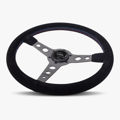 The Daytona | Black Alcantara Suede | Graphite Spoke | Bavarian Stitch