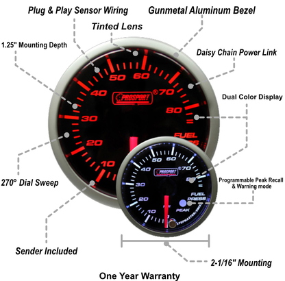 2-1/16" Premium Amber/White Fuel Pressure Gauge