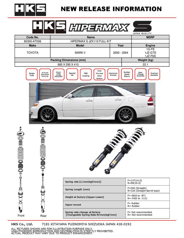 HKS Hipermax S Coilovers for 2000-2004 Toyota Mark II