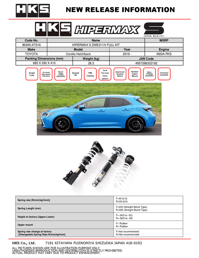 HKS Hipermax S Coilovers for 2019+ Toyota Corolla Hatchback (M20A-FKS)