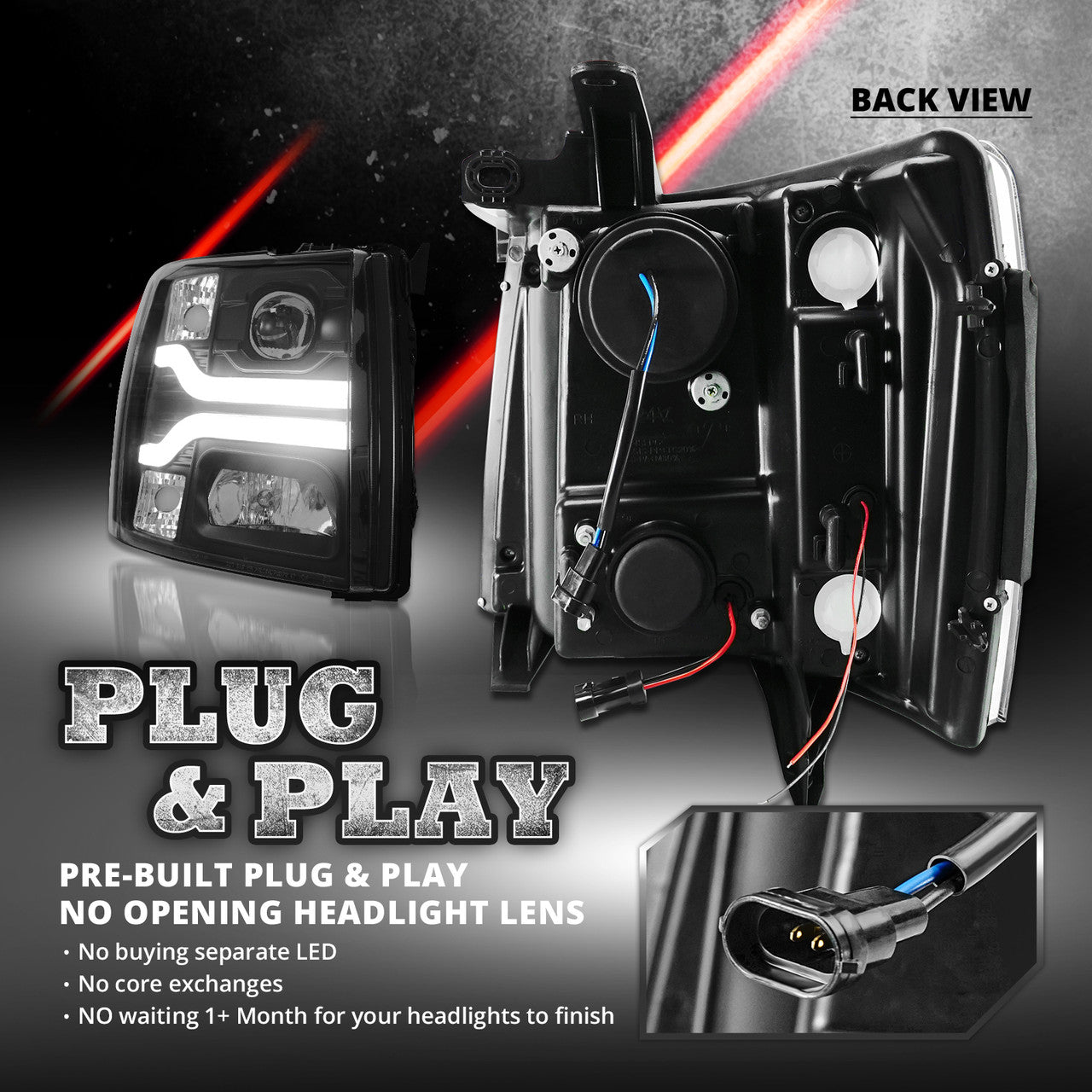 OPT7 07-14 Chevrolet Silverado Black w-Ultra White DRL LED Tube Headlights Projector