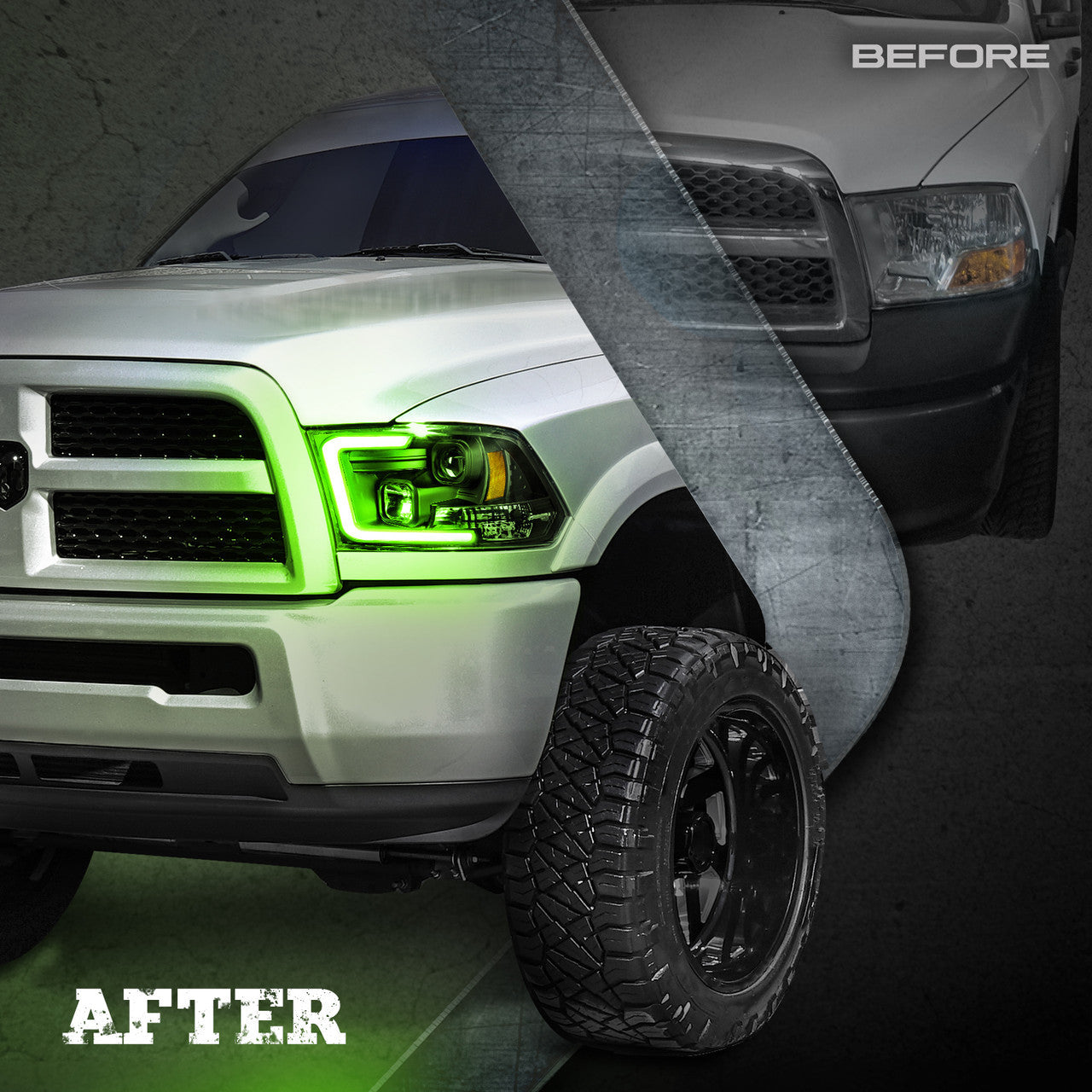 OPT7 09-18 RAM 1500 Black AURA RGB-W DRL LED Tube Headlights Projector -Bluetooth Built in Full Color