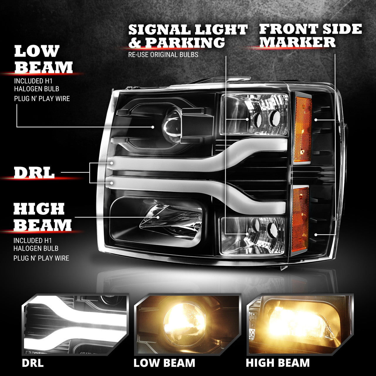 OPT7 07-14 Chevrolet Silverado Black w-Ultra White DRL LED Tube Headlights Projector