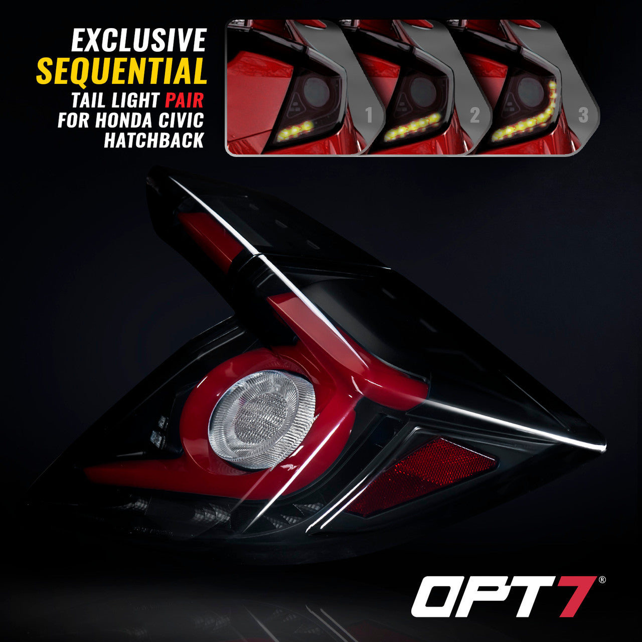 OPT7 Honda Civic Hatchback Smoked LED Tail Lights w-Sequential Turn Signals & OLED Technology (Fits all 2016-2021 10th Gen Civic Hatchbacks)