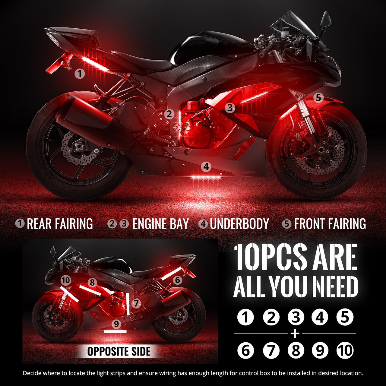 AURA Motorcycle Multi-Color LED Lighting Strip Kit for Cruisers Remote Control - Full Color Spectrum