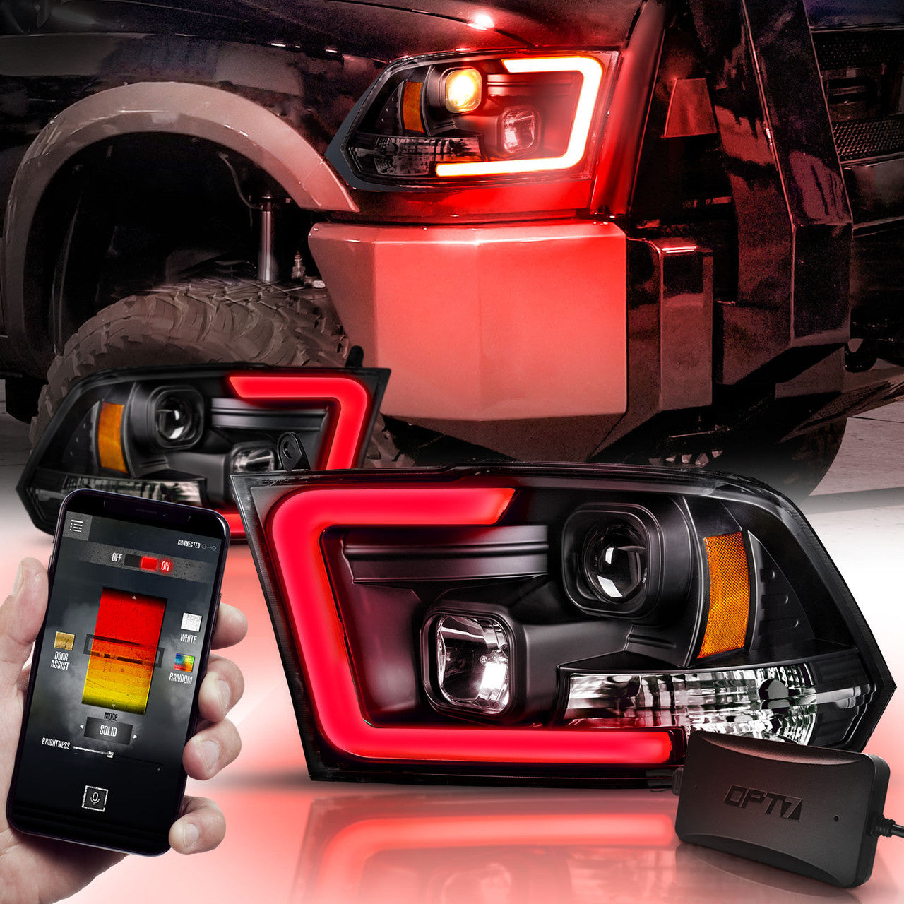 OPT7 09-18 RAM 1500 Black AURA RGB-W DRL LED Tube Headlights Projector -Bluetooth Built in Full Color