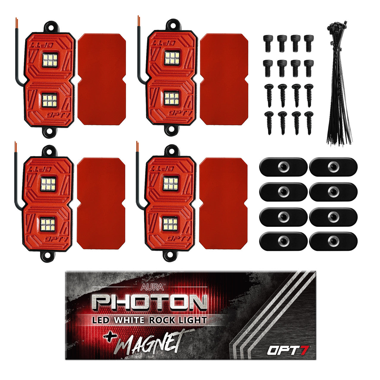 OPT7 Photon White 4PCS LED Rock Light w-Magnet Wide Angle Underglow Neon Lighting Kit