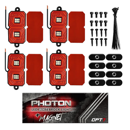 OPT7 Photon White 4PCS LED Rock Light w-Magnet Wide Angle Underglow Neon Lighting Kit