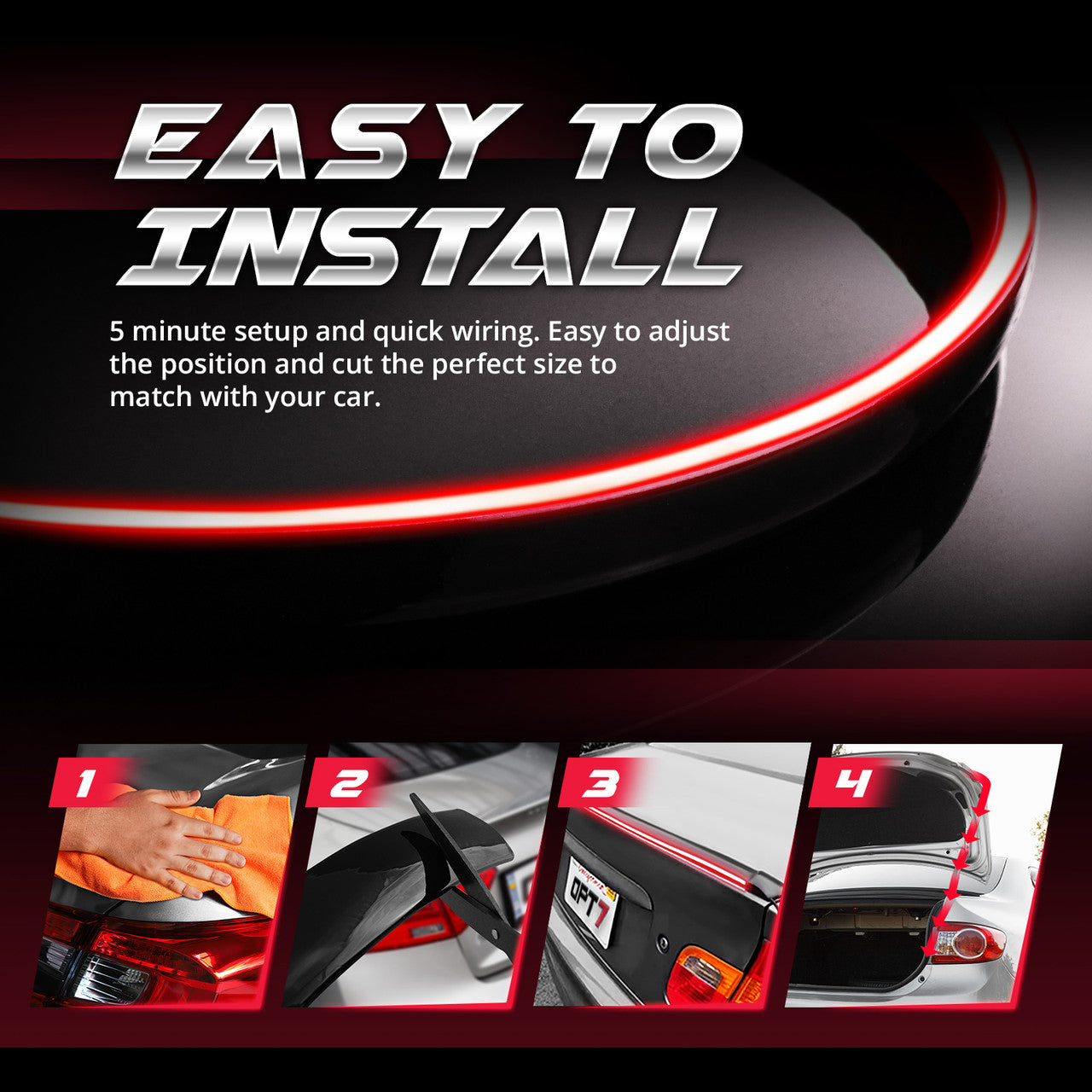 OPT7 Universal LED Rear Spoiler Lip Kit (3.9ft) for Car Trunk Exterior Accessories Brake light Universal Fit for Roof Wing