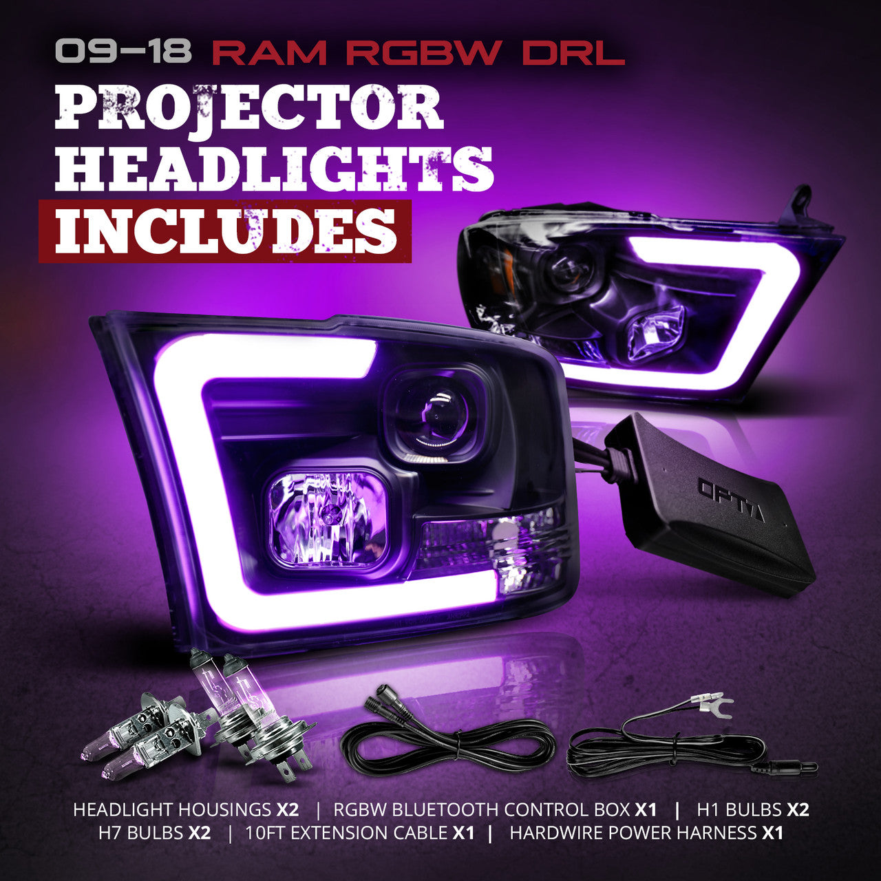 OPT7 09-18 RAM 1500 Black AURA RGB-W DRL LED Tube Headlights Projector -Bluetooth Built in Full Color