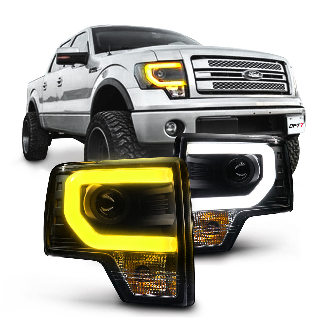 OPT7 09-14 F150 Black AURA RGB-W DRL LED Tube Headlights Projector -Bluetooth BUILT IN Full Color