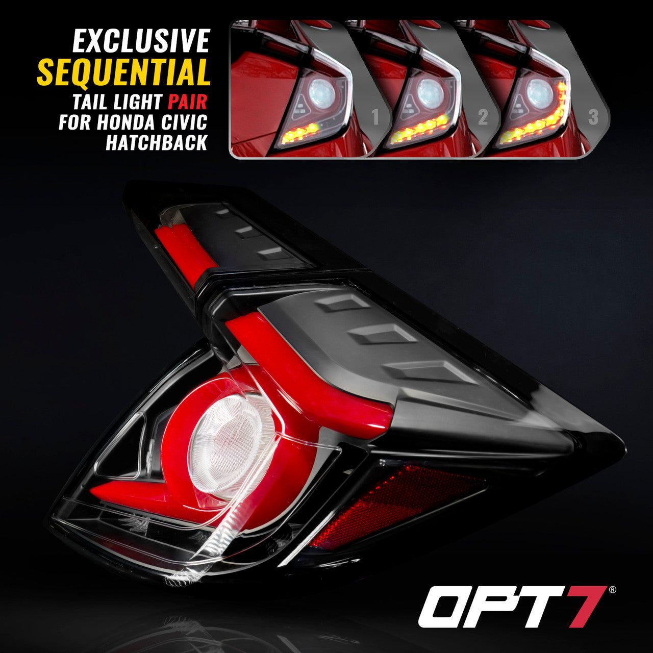 OPT7 Honda Civic Hatchback Clear LED Tail Lights Sequential Turn Signals & OLED Technology (Fits all 2016-2021 10th Gen Civic Hatchbacks)