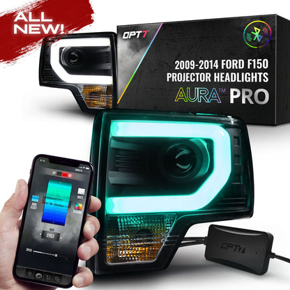 OPT7 09-14 F150 Black AURA RGB-W DRL LED Tube Headlights Projector -Bluetooth BUILT IN Full Color
