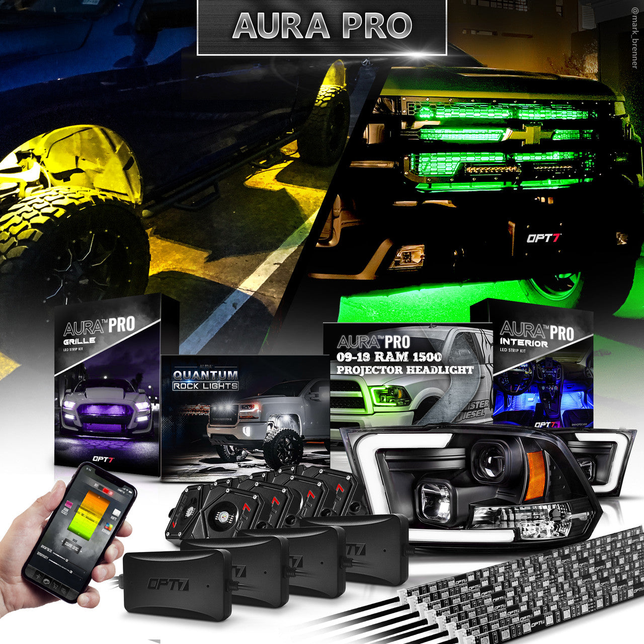 AURA 09-18 Ram Bundle- RGBW Headlights +Interior + Quantum Rock lights + Grille w- Bluetooth