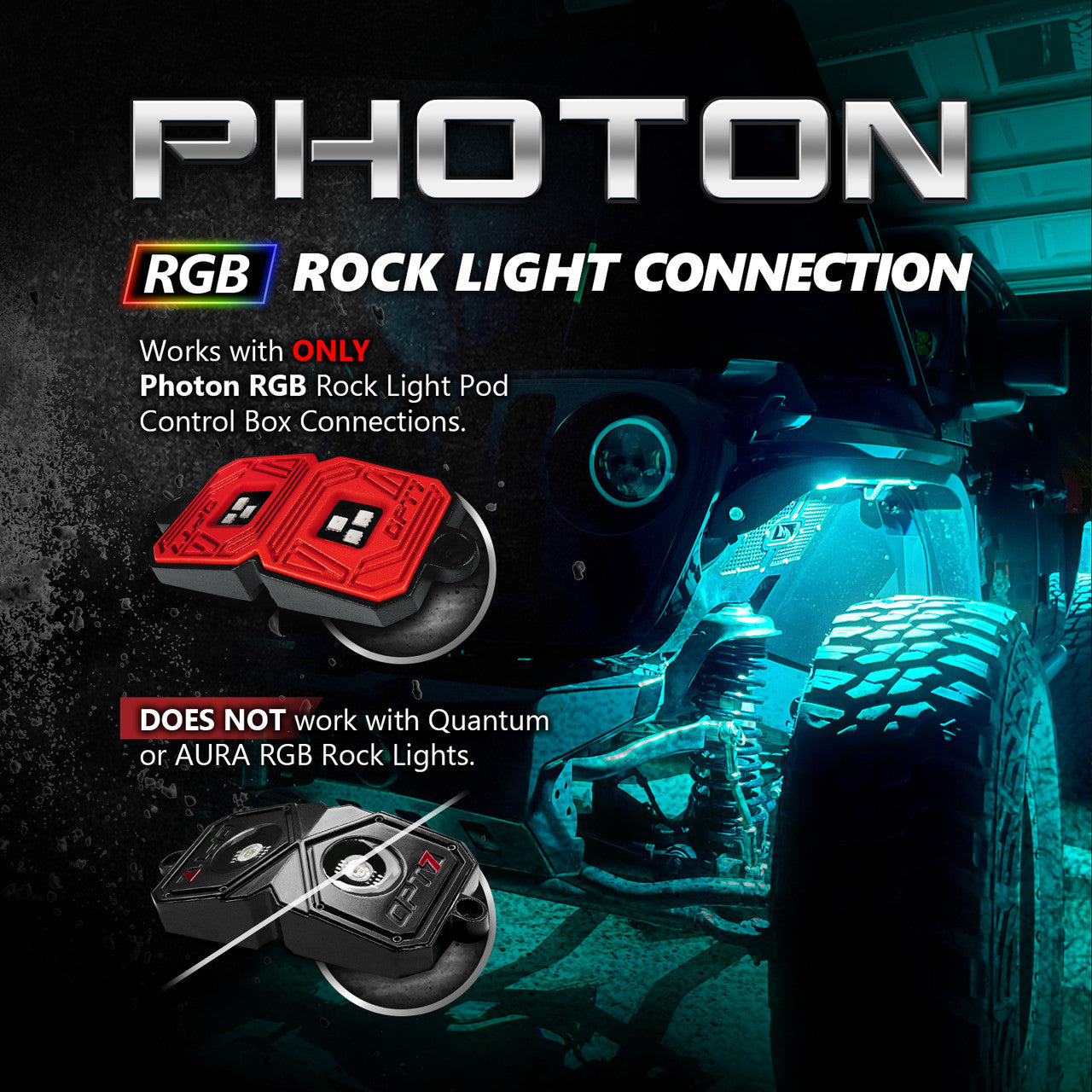 OPT7 Photon RGB 4 Pods Magnet Rock Lights + 2pc 10ft Extension Wires