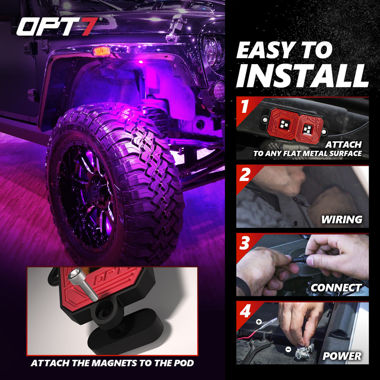 OPT7 Photon RGB 4 Pods Magnet Rock Lights + 2pc 10ft Extension Wires